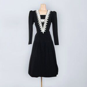 Vintage 80s Black Velvet Dress with Crochet Lace Collar